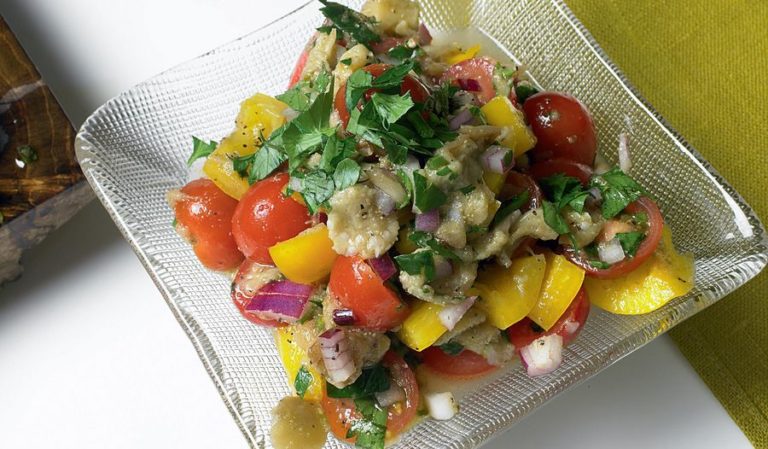 Burnt Aubergine with Yellow Pepper and Red Onion