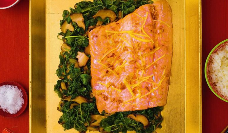 Salmon with Pea Shoots and Oyster Sauce
